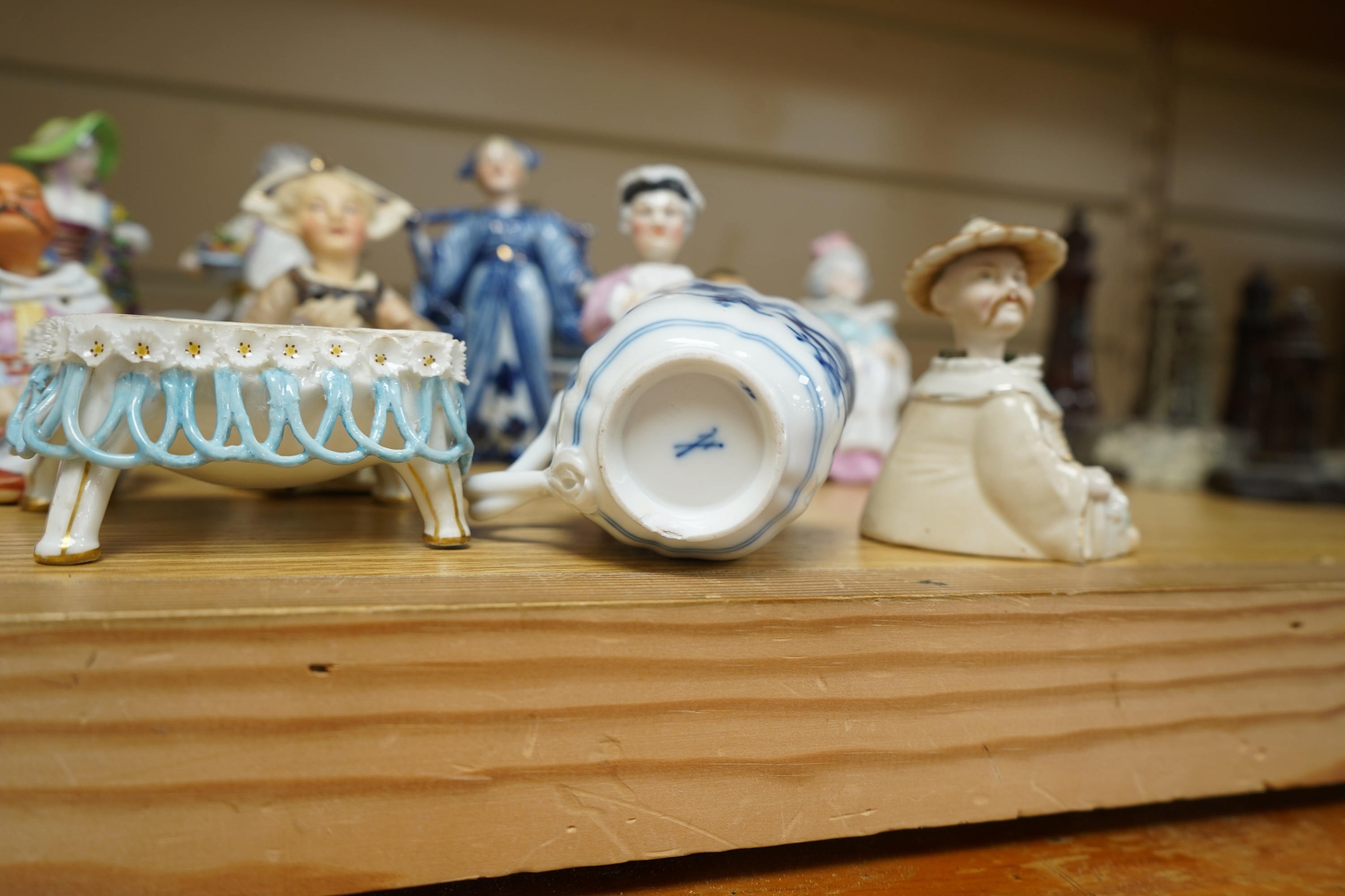 A collection of Meissen style blue and white china and various of nodding figures etc. largest item dish 21cm diameter